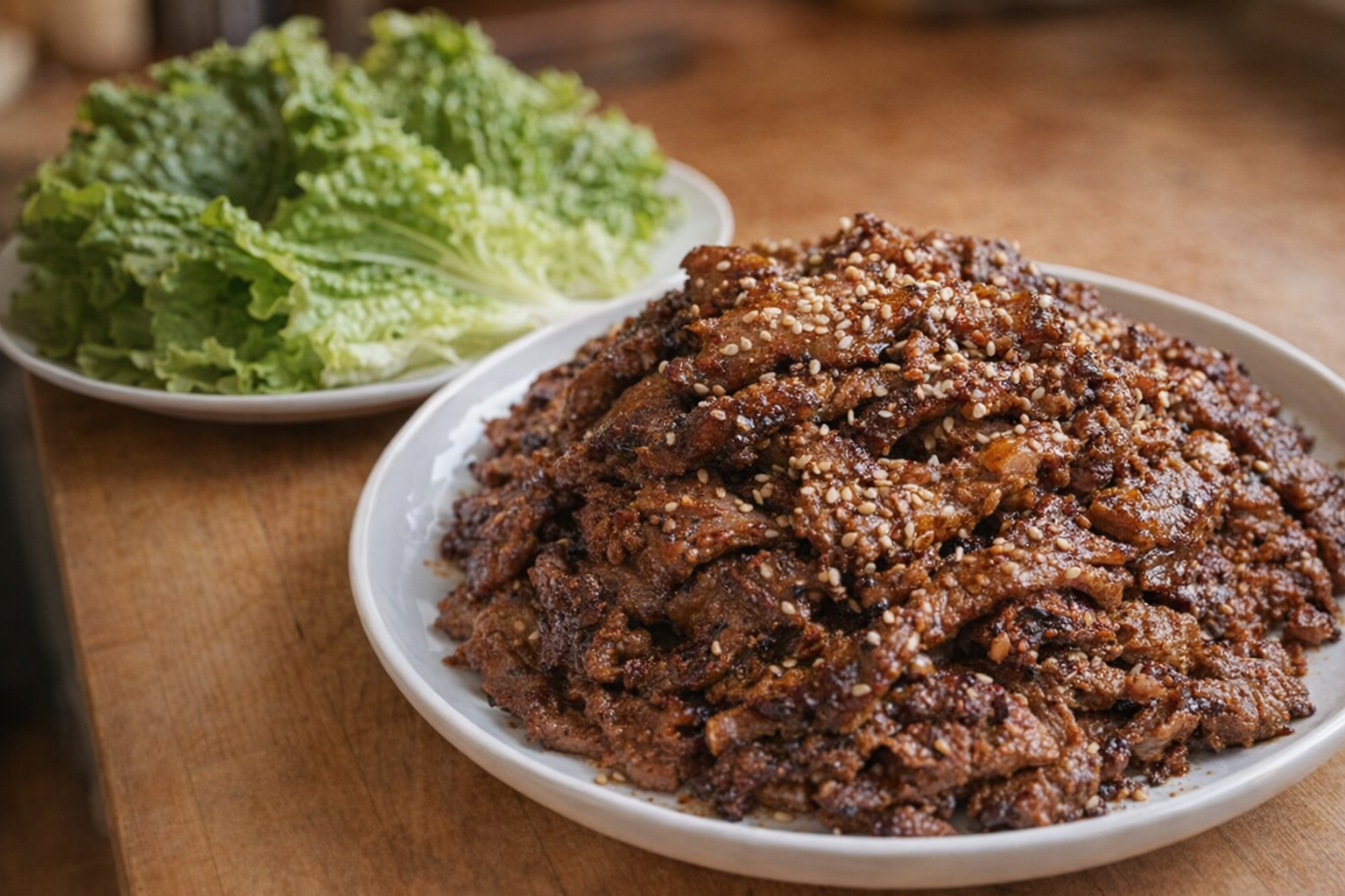 A top-down, eye-level shot of perfectly cooked Bulgogi piled high on a plate, sesame seeds sprinkled on top, and a side of fresh lettuce wraps. Warm, inviting lighting